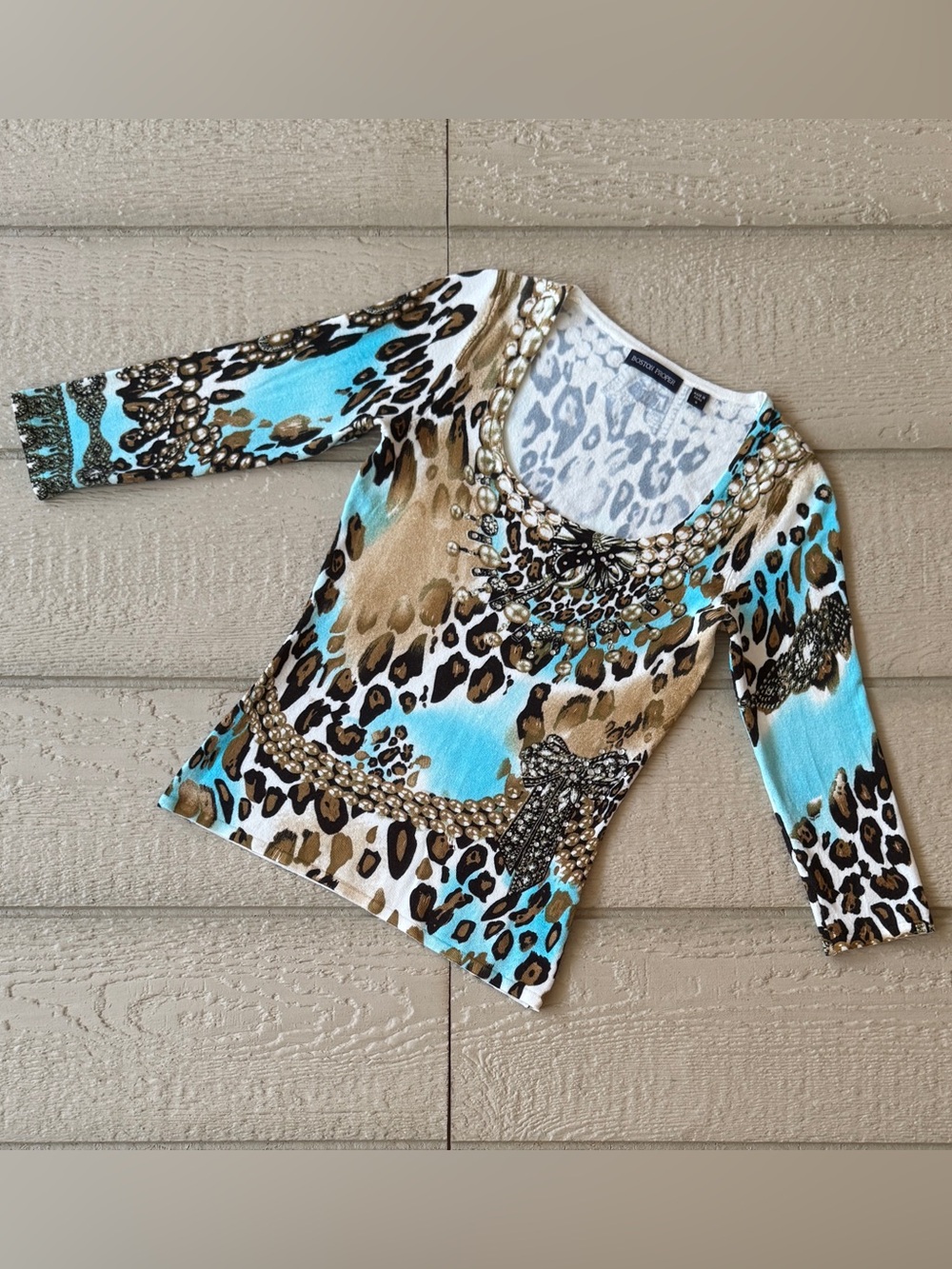 Boston Proper Embellished Leopard Print Scoop Neck 3/4 Sleeve Top